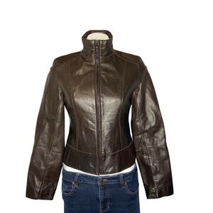 MARC NEW YORK Leather Moto Jacket Mock Neck Cropped Long Sleeves Brown XS